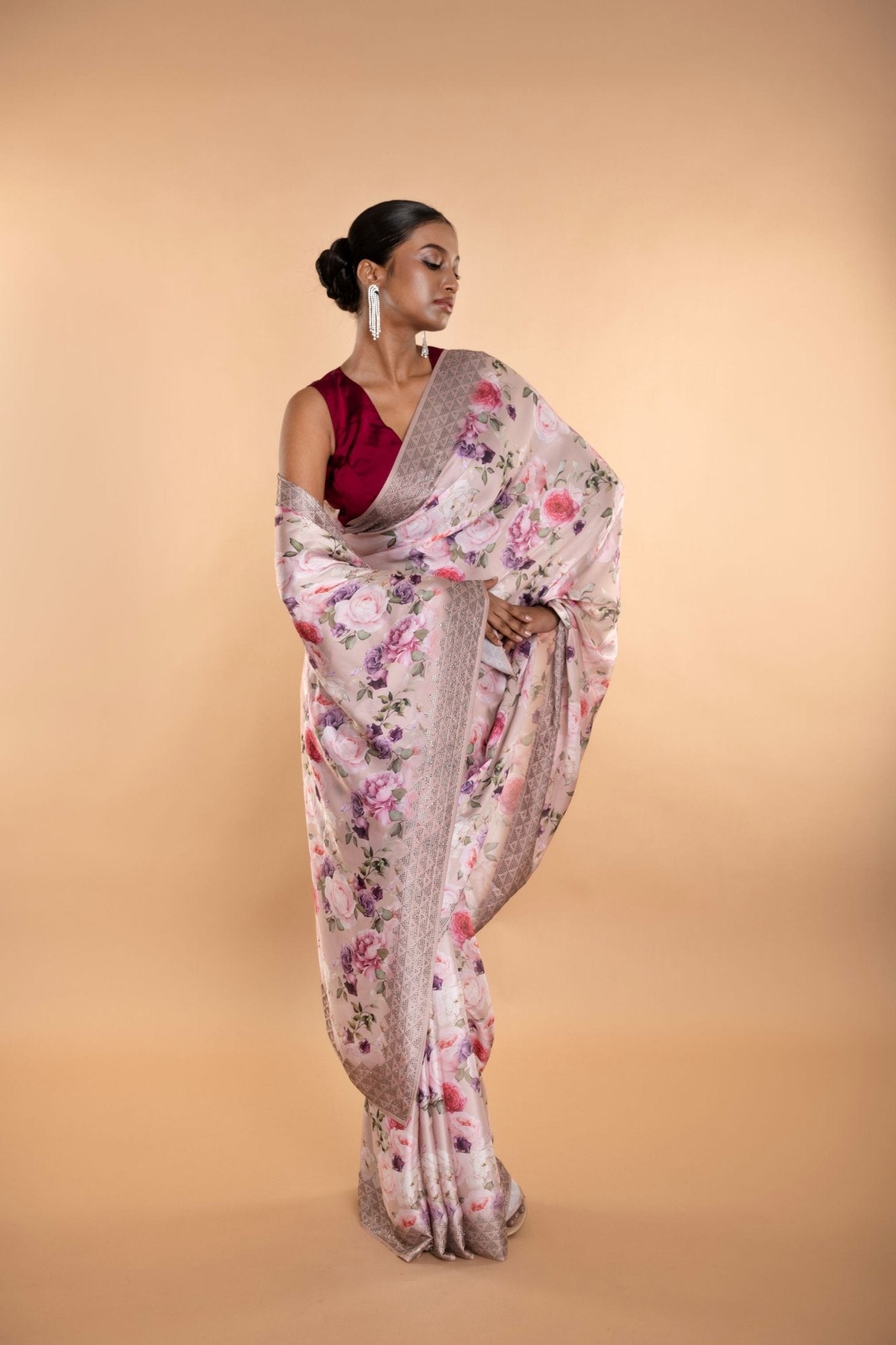 Light Pink Stone Embellishment Floral Printed Satin Saree with Unstitched Blouse - Anvi Couture