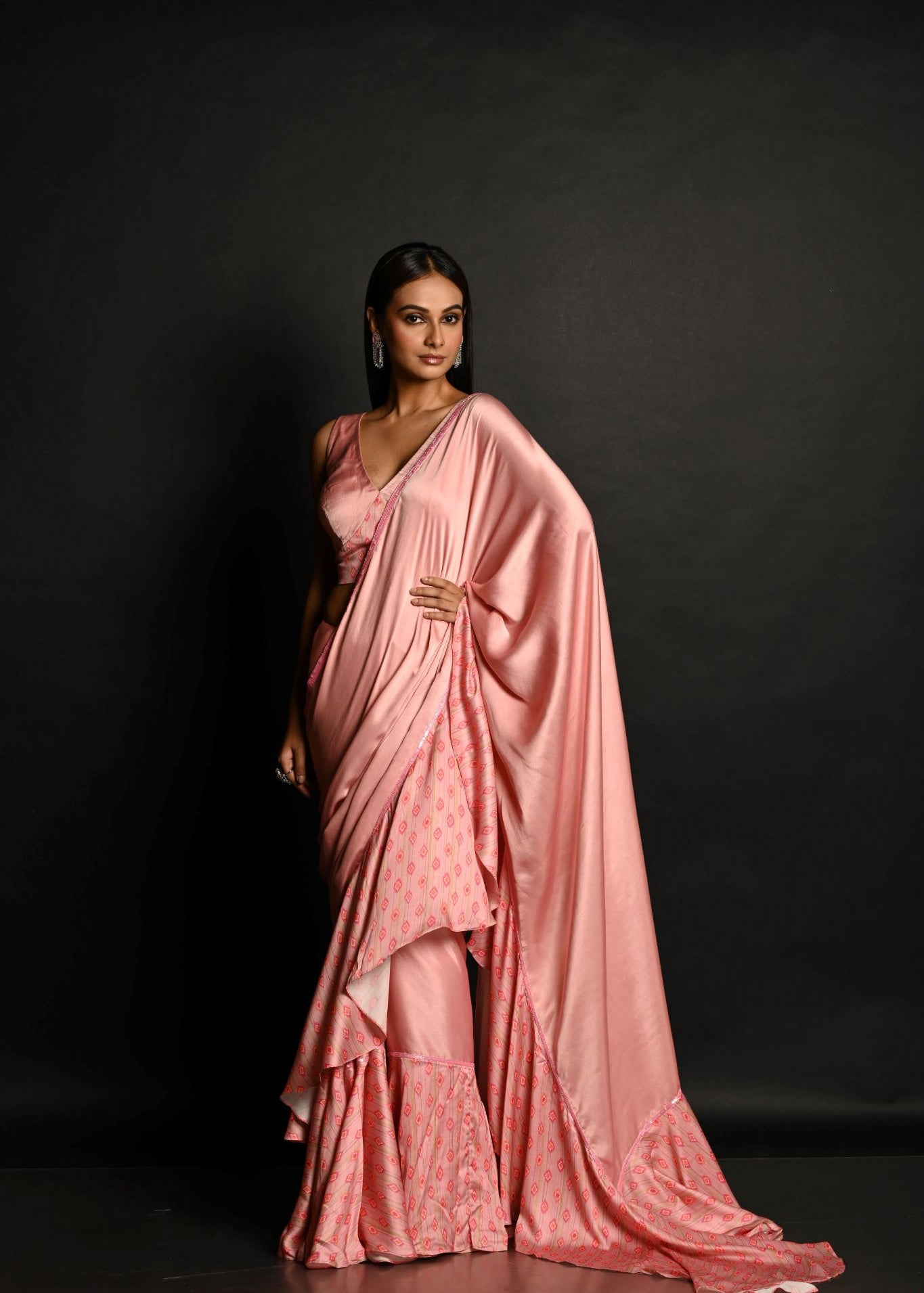 Pink Ruffle Saree Set with Geometric Prints and Sequin Embroidery Border - Anvi Couture