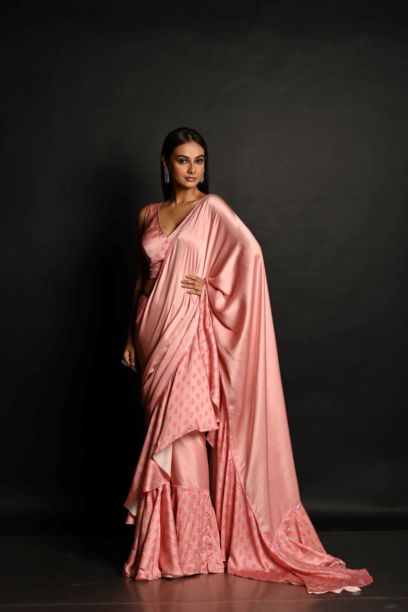 Pink Ruffle Saree Set with Geometric Prints and Sequin Embroidery Border - Anvi Couture