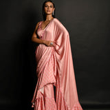 Pink Ruffle Saree Set with Geometric Prints and Sequin Embroidery Border - Anvi Couture