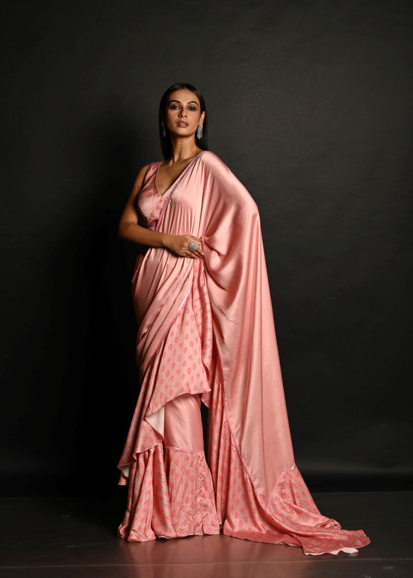 Pink Ruffle Saree Set with Geometric Prints and Sequin Embroidery Border - Anvi Couture