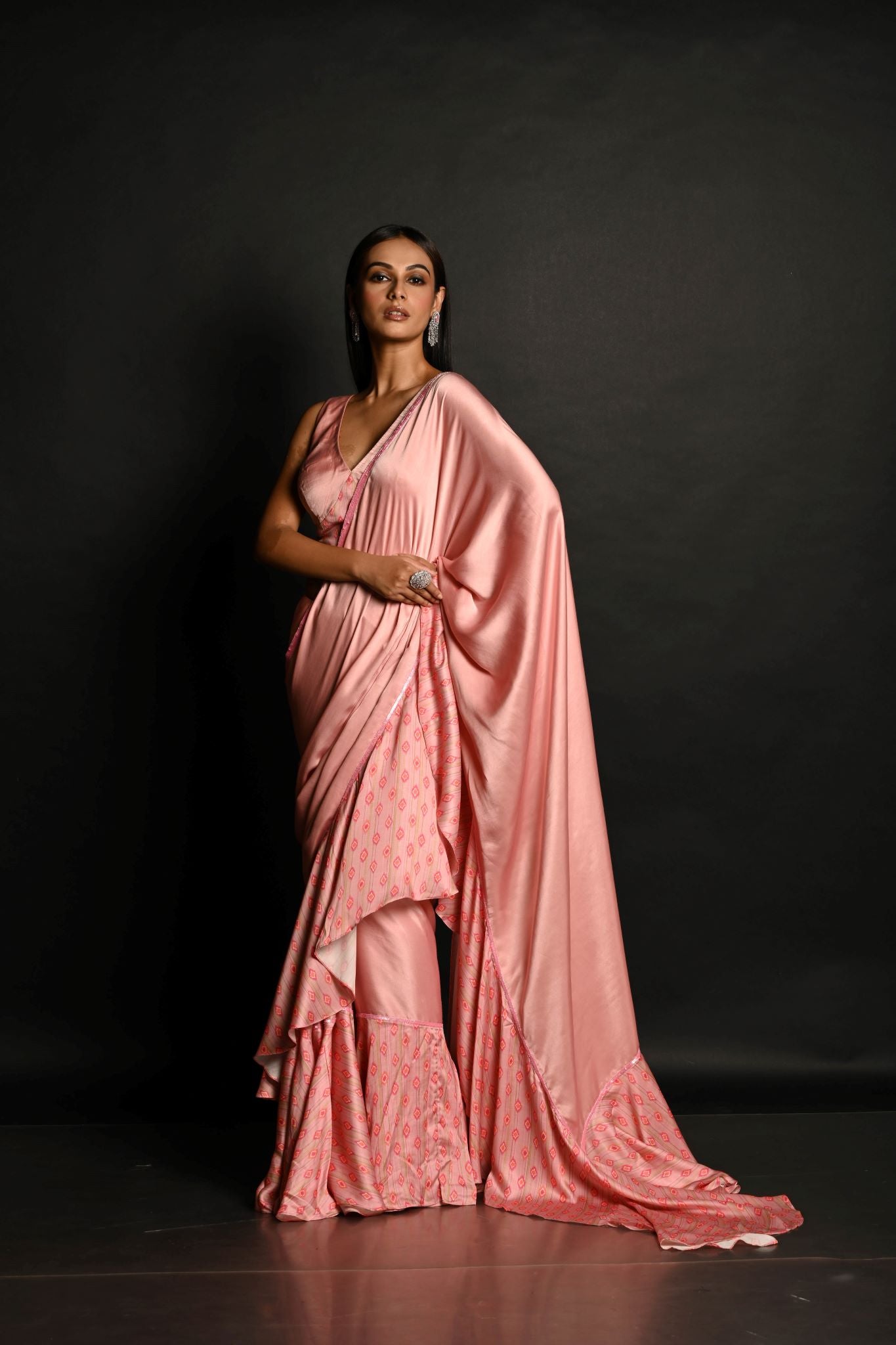 Pink Ruffle Saree Set with Geometric Prints and Sequin Embroidery Border - Anvi Couture