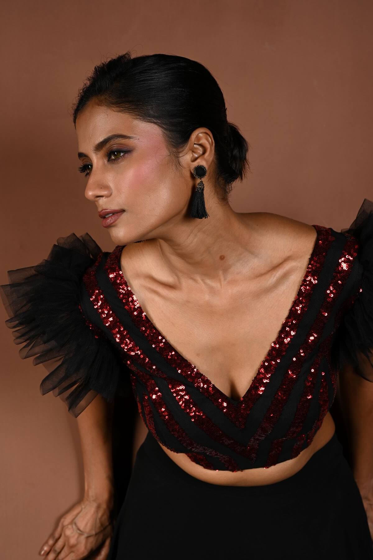 Black Lehenga Set with Red Sequin Work Ruffle Blouse - Anvi Couture