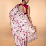 Light Pink Stone Embellishment Floral Printed Satin Saree with Unstitched Blouse - Anvi Couture