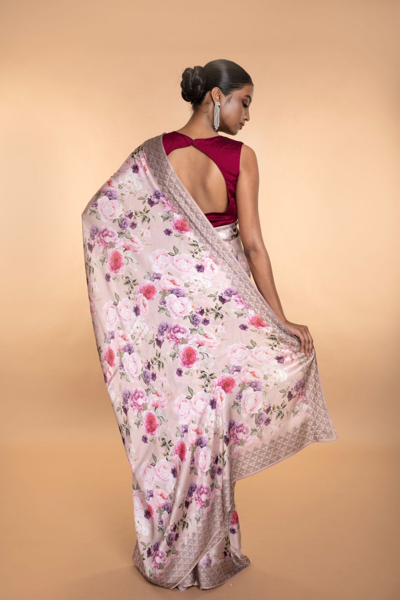 Designer Light Pink Floral Satin Saree with Stone Detailing - Image 3