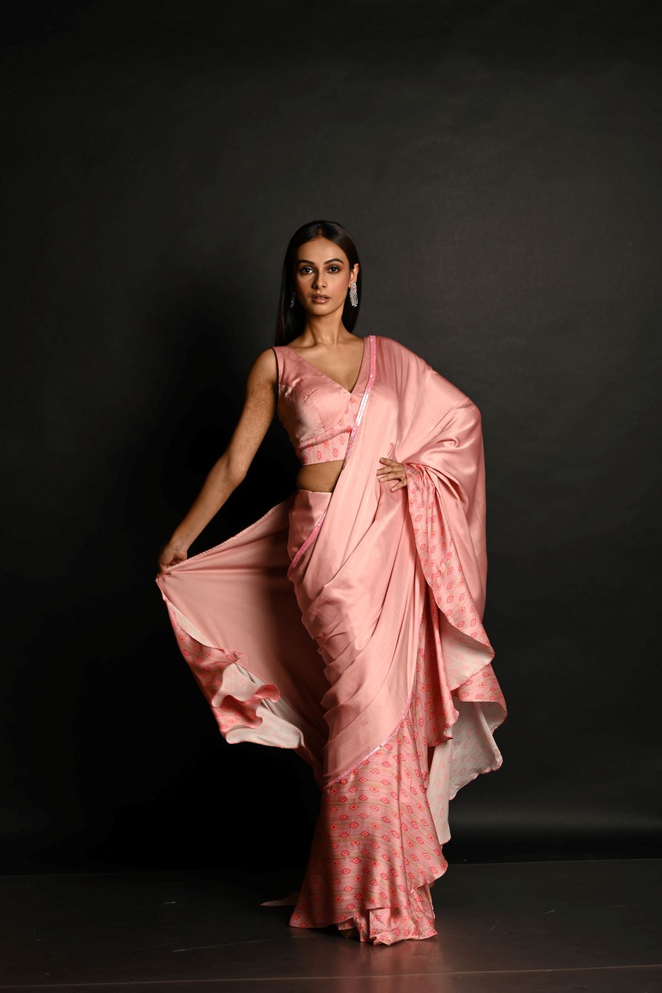 Pink Ruffle Saree Set with Geometric Prints and Sequin Embroidery Border - Anvi Couture