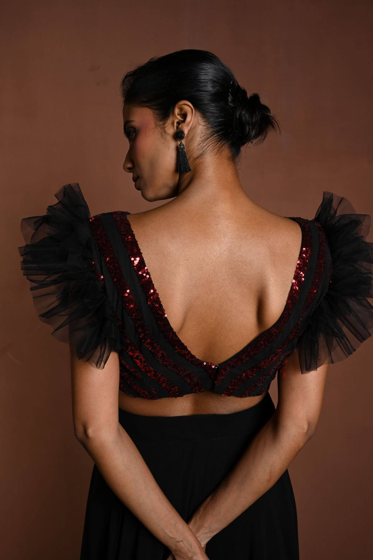 Black Lehenga Set with Red Sequin Work Ruffle Blouse - Anvi Couture