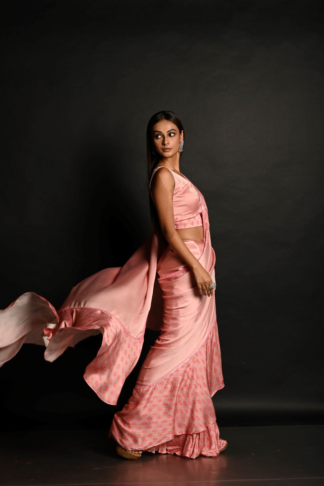 Pink Ruffle Saree Set with Geometric Prints and Sequin Embroidery Border - Anvi Couture