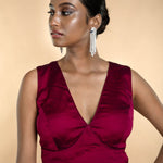 Wine Red Organza Silk V-Neckline Sleeveless Blouse - Anvi Couture