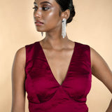 Wine Red Organza Silk V-Neckline Sleeveless Blouse - Anvi Couture