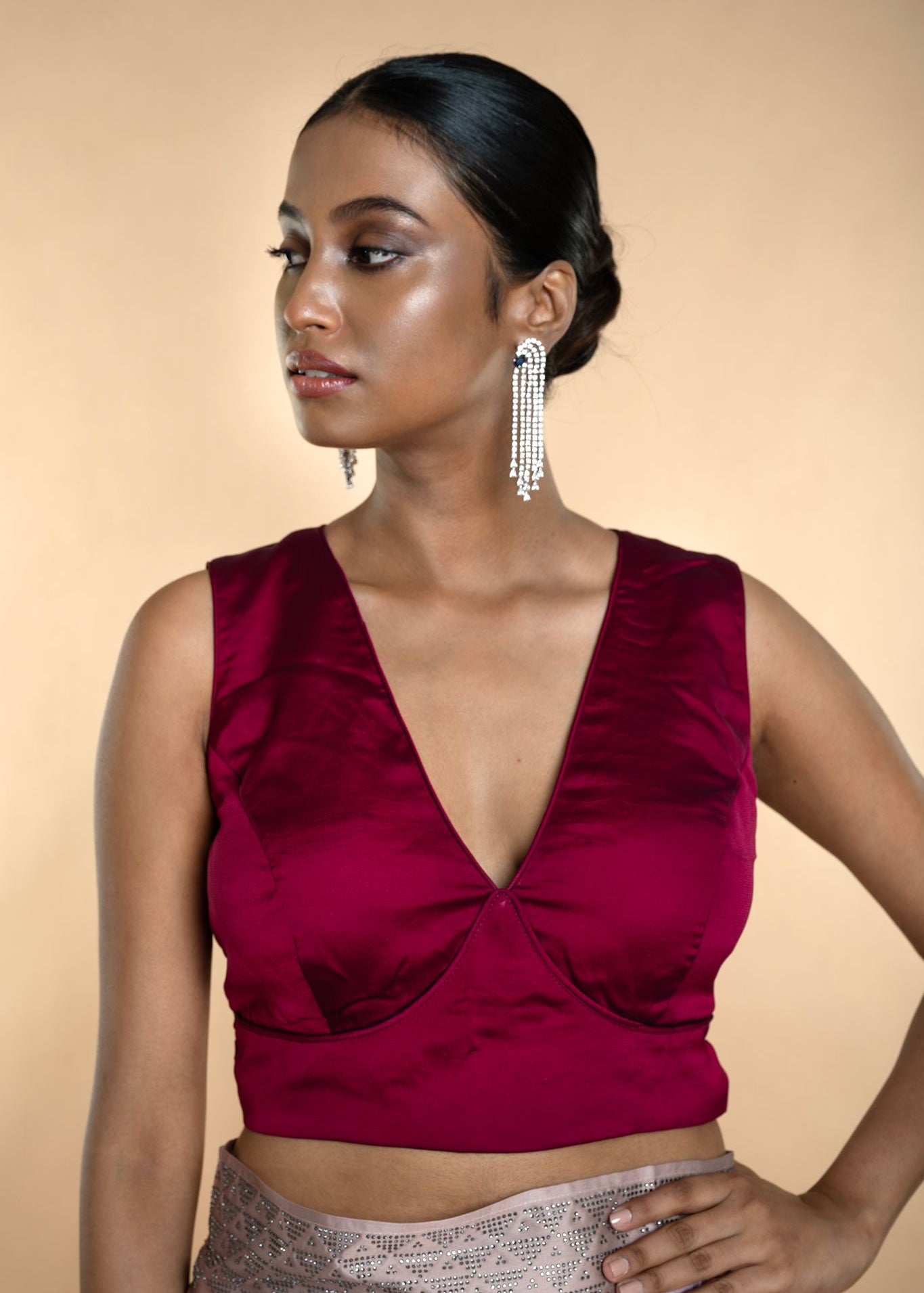 Wine Red Organza Silk V-Neckline Sleeveless Blouse - Anvi Couture