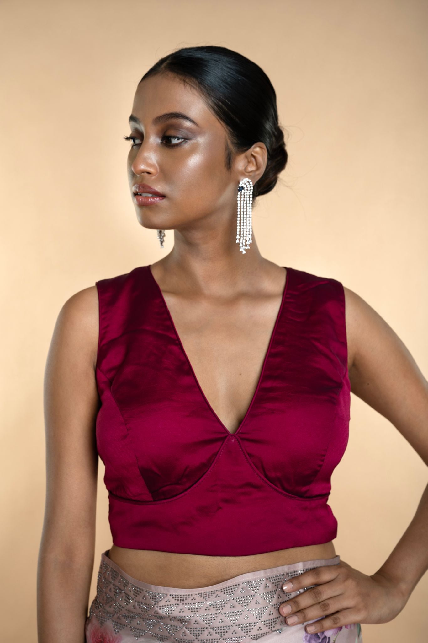 Wine Red Organza Silk V-Neckline Sleeveless Blouse - Anvi Couture