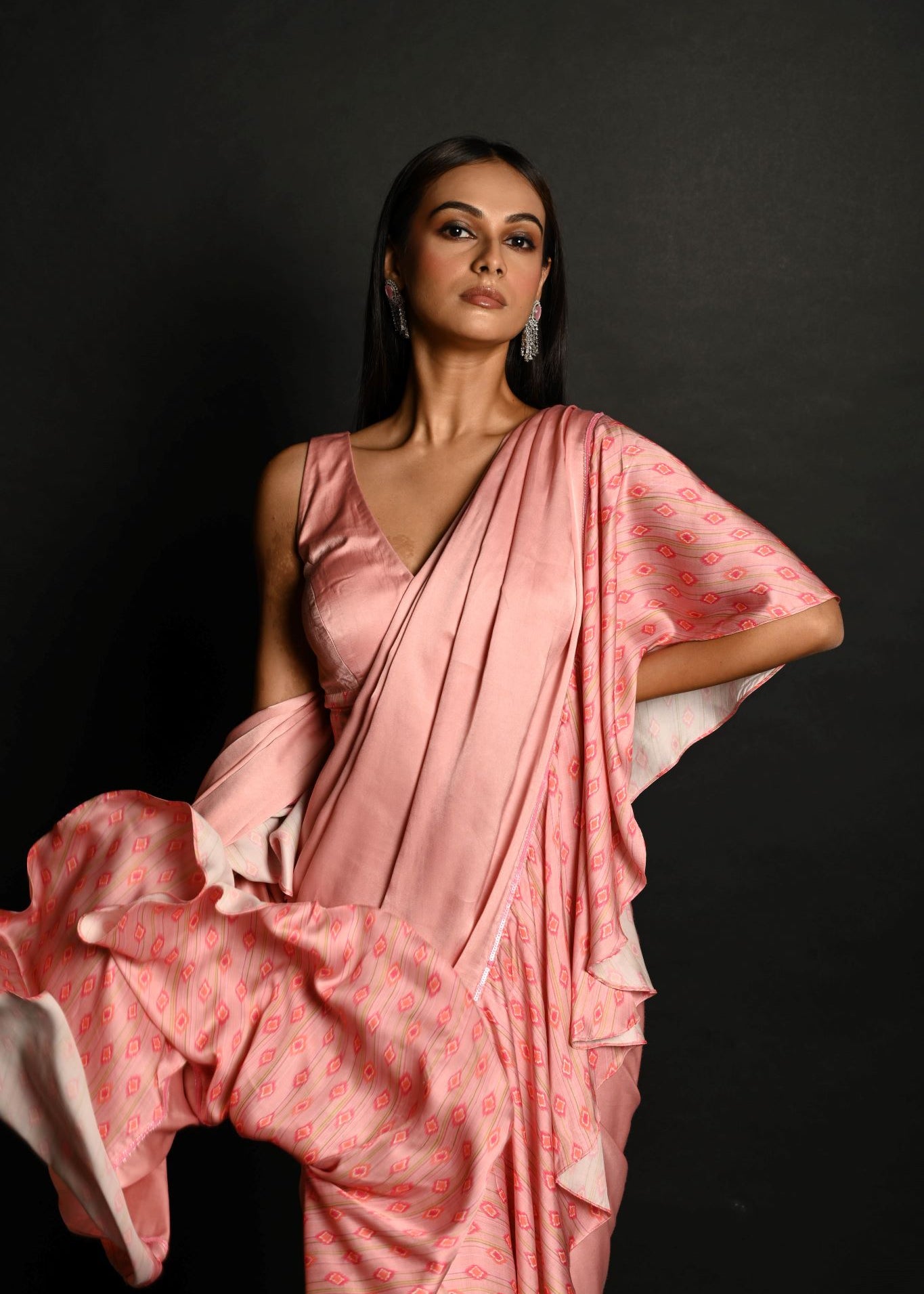 Pink Ruffle Saree Set with Geometric Prints and Sequin Embroidery Border - Anvi Couture
