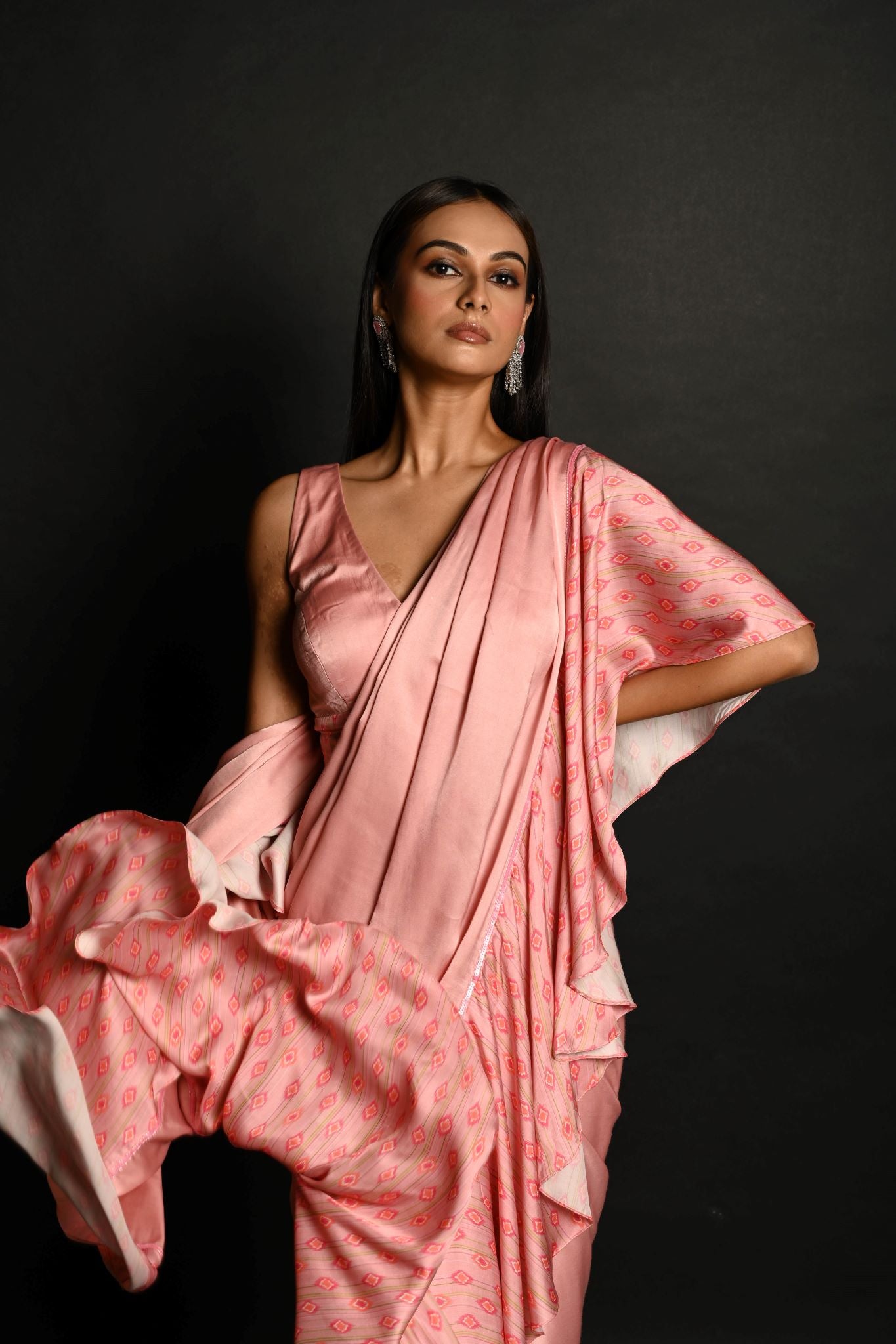 Pink Ruffle Saree Set with Geometric Prints and Sequin Embroidery Border - Anvi Couture