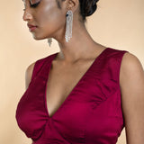 Wine Red Organza Silk V-Neckline Sleeveless Blouse - Anvi Couture