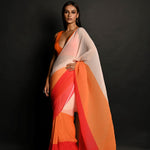 Red, Orange and White Pleated Georgette Sunset Saree - Anvi Couture