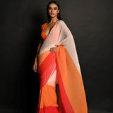 Red, Orange and White Pleated Georgette Sunset Saree - Anvi Couture