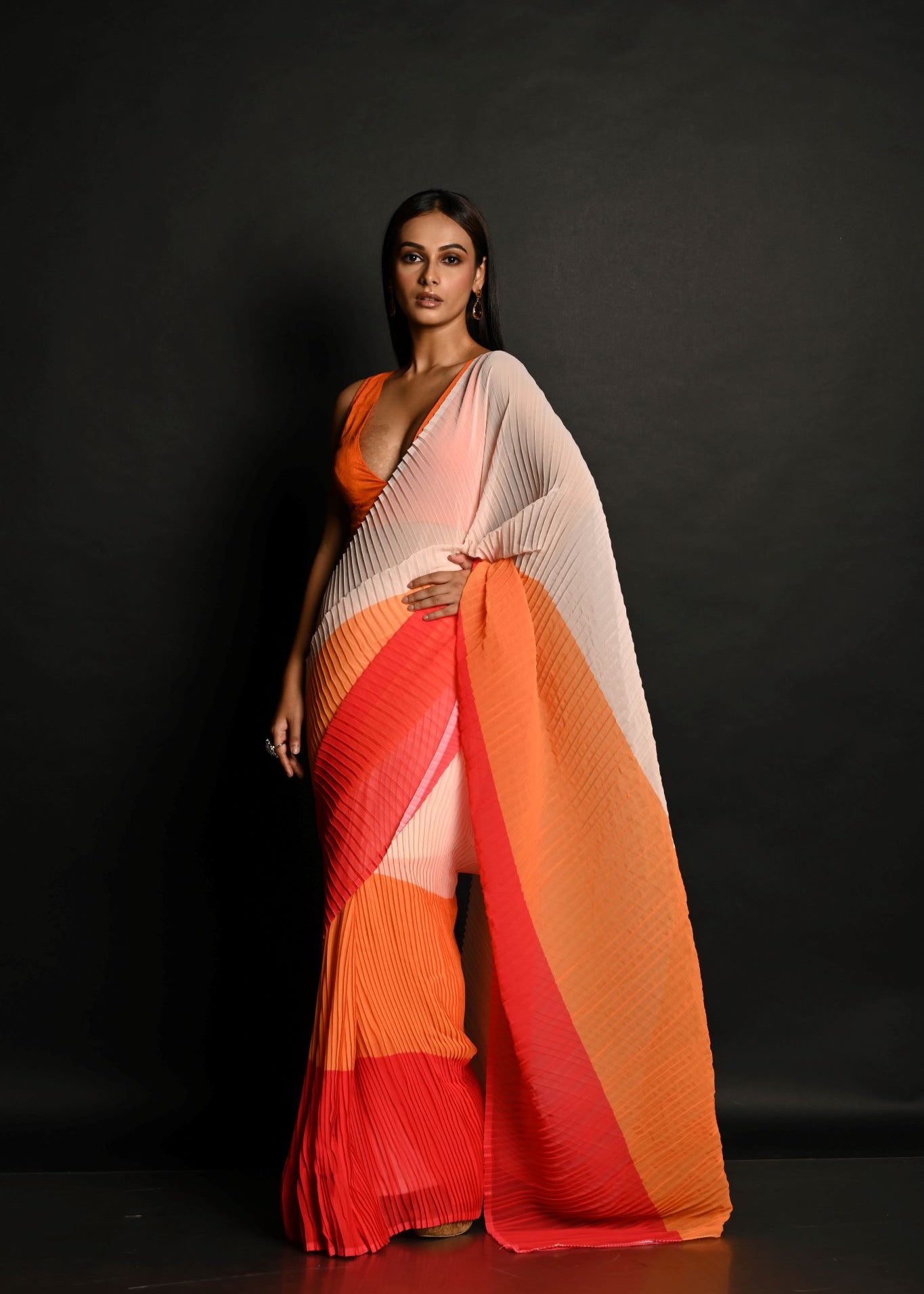 Red, Orange and White Pleated Georgette Sunset Saree - Anvi Couture