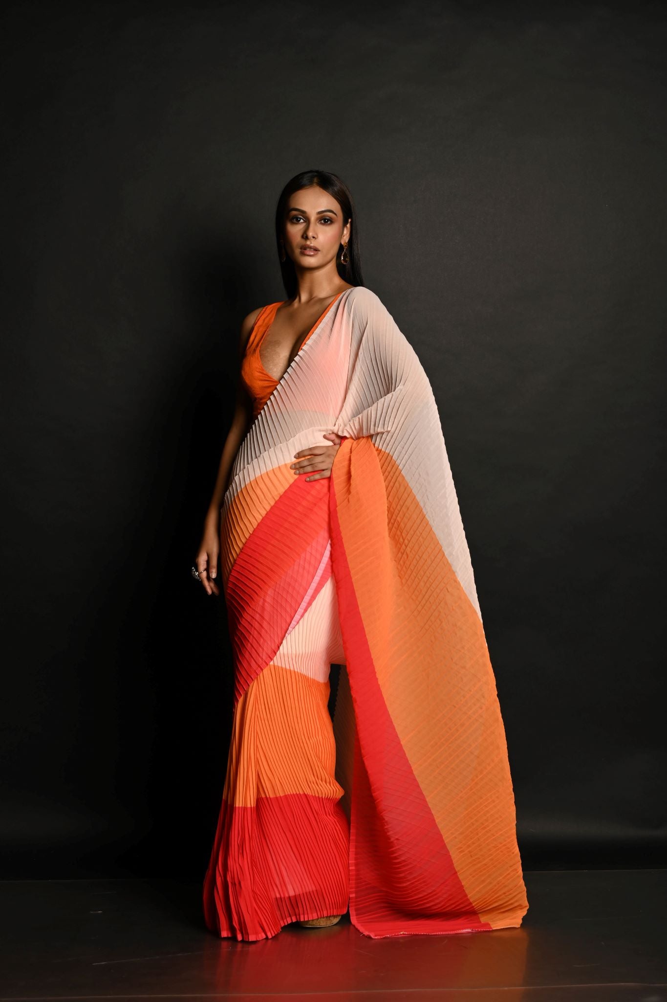 Red, Orange and White Pleated Georgette Sunset Saree - Anvi Couture