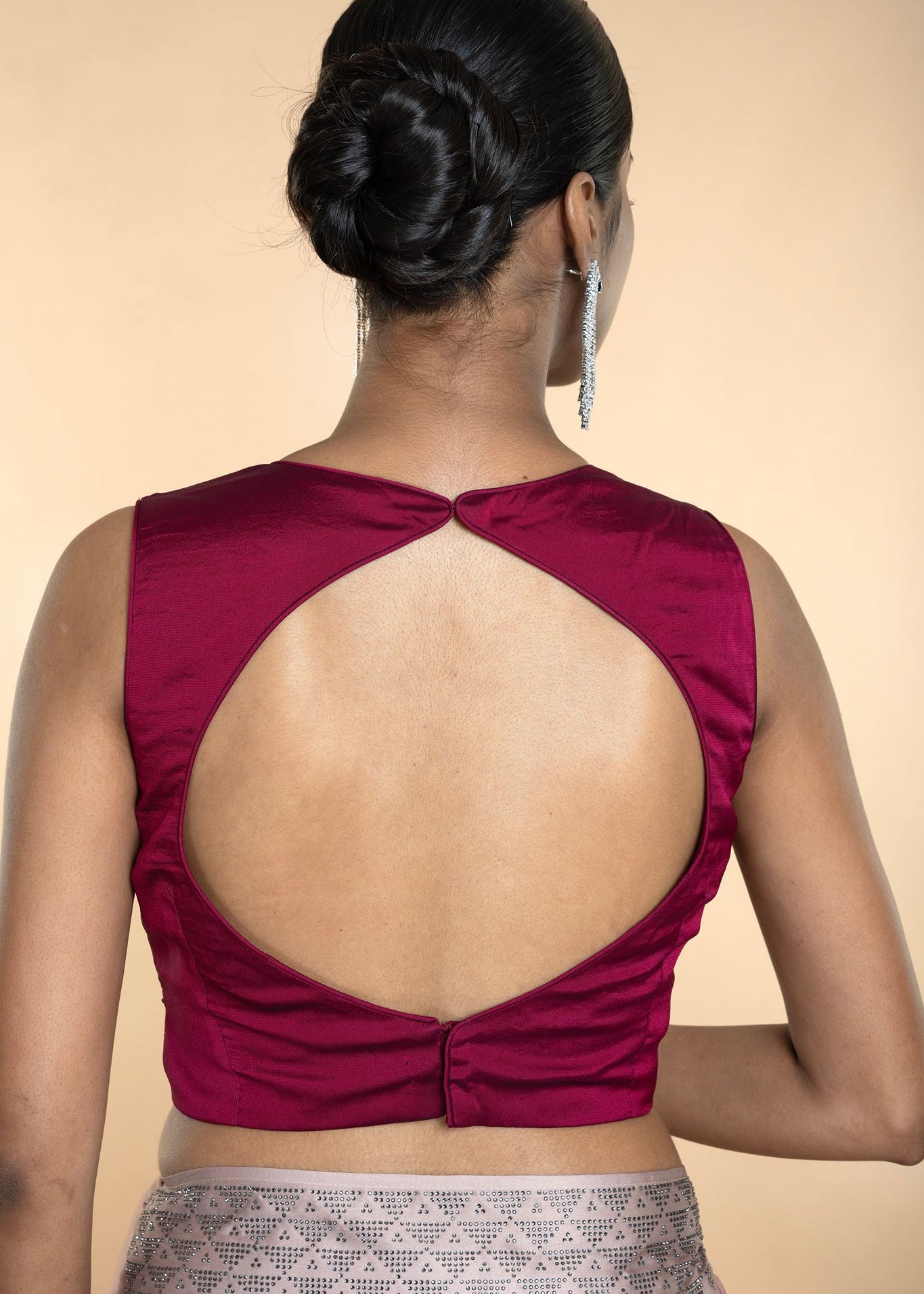 Wine Red Organza Silk V-Neckline Sleeveless Blouse - Anvi Couture