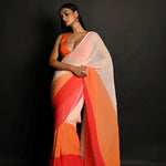 Red, Orange and White Pleated Georgette Sunset Saree - Anvi Couture