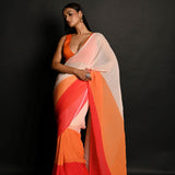 Red, Orange and White Pleated Georgette Sunset Saree - Anvi Couture