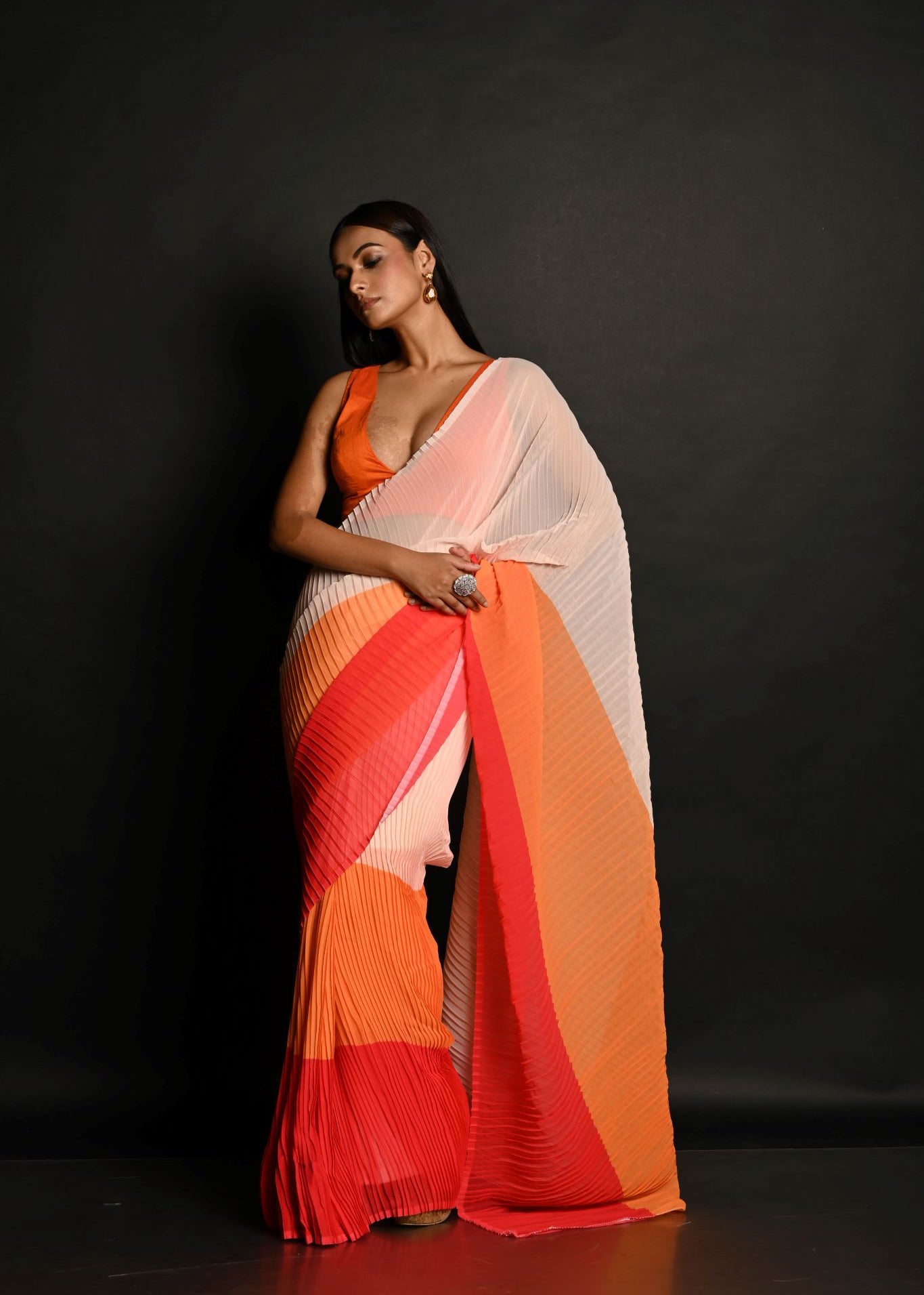 Red, Orange and White Pleated Georgette Sunset Saree - Anvi Couture