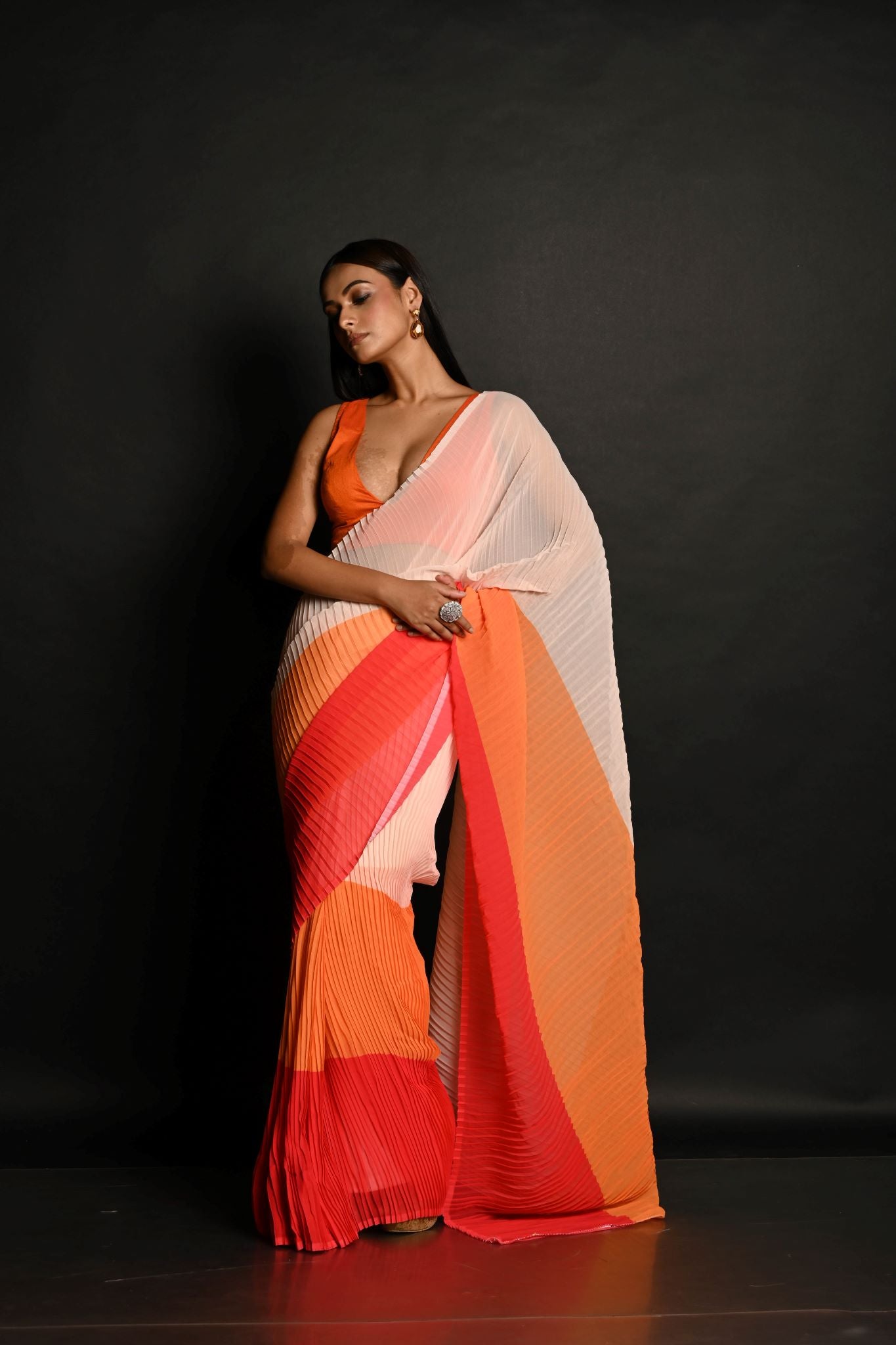 Red, Orange and White Pleated Georgette Sunset Saree - Anvi Couture