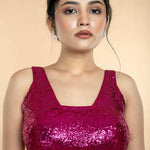 Fushia Pink Sequin Sleeveless Blouse with Scoop Neckline - Anvi Couture