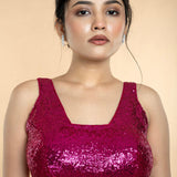 Fushia Pink Sequin Sleeveless Blouse with Scoop Neckline - Anvi Couture