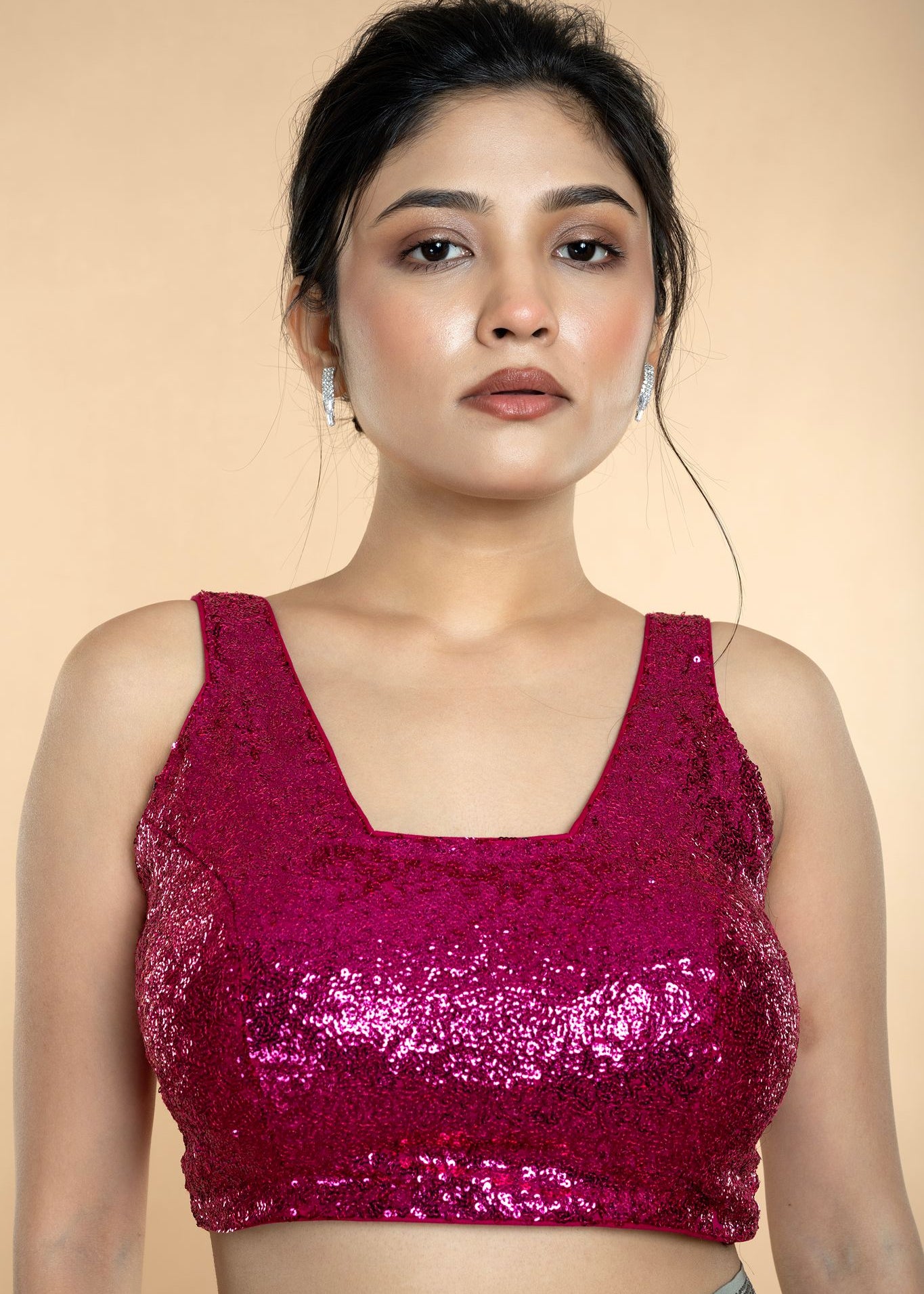 Fushia Pink Sequin Sleeveless Blouse with Scoop Neckline - Anvi Couture