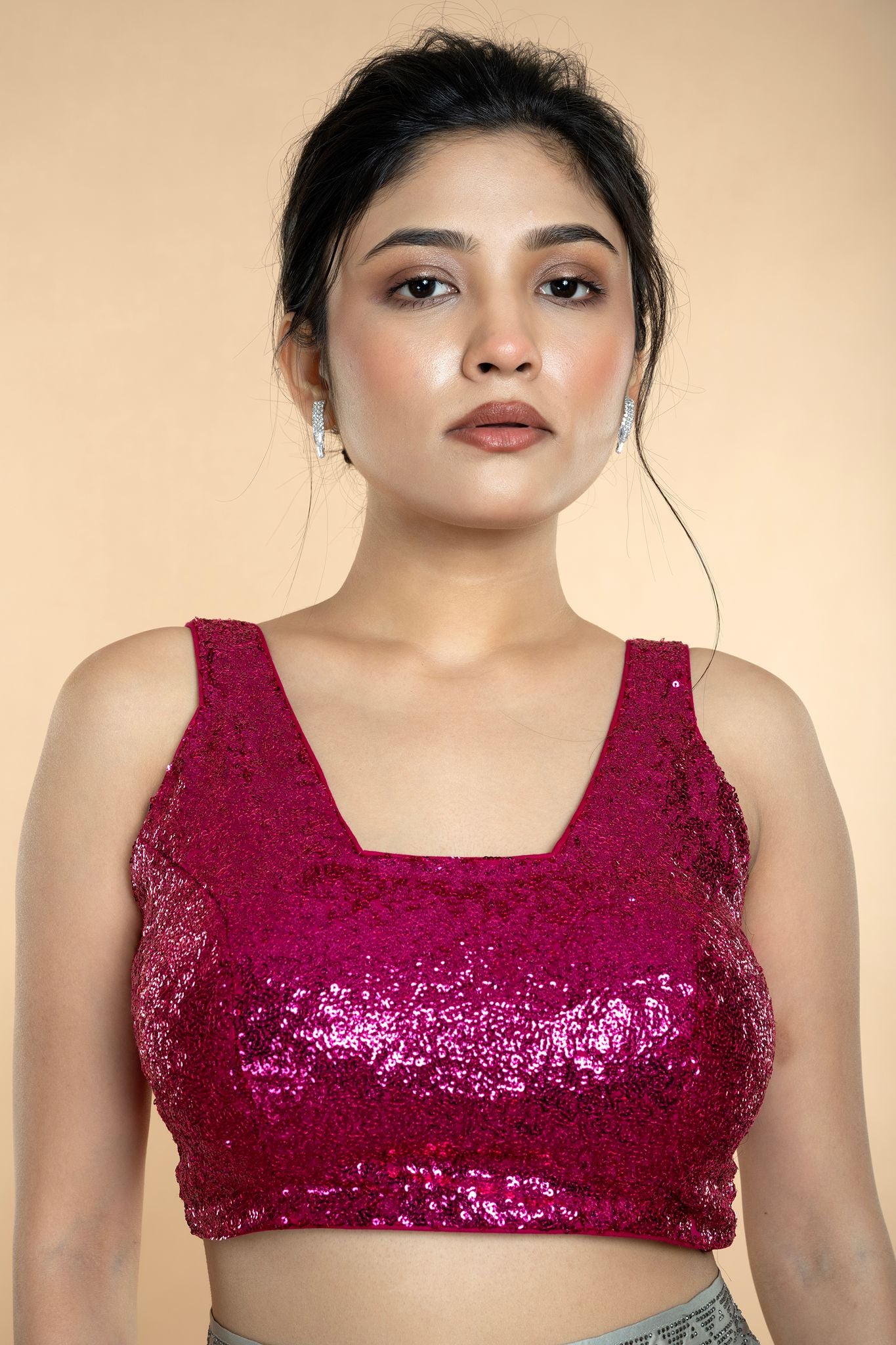 Fushia Pink Sequin Sleeveless Blouse with Scoop Neckline - Anvi Couture