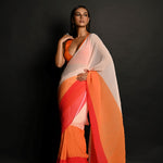 Red, Orange and White Pleated Georgette Sunset Saree - Anvi Couture