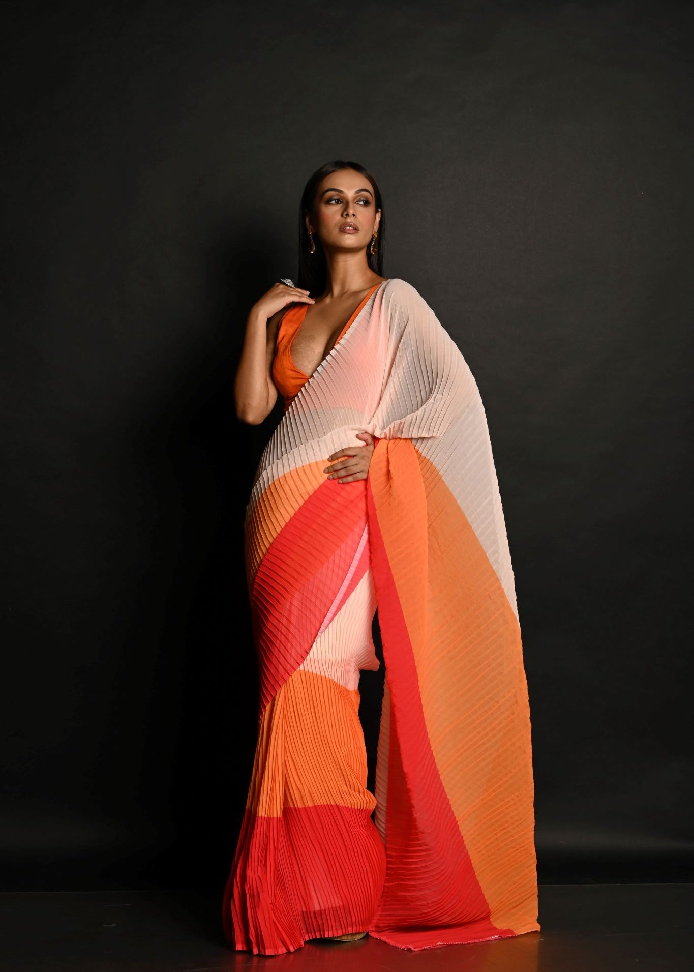 Red, Orange and White Pleated Georgette Sunset Saree - Anvi Couture