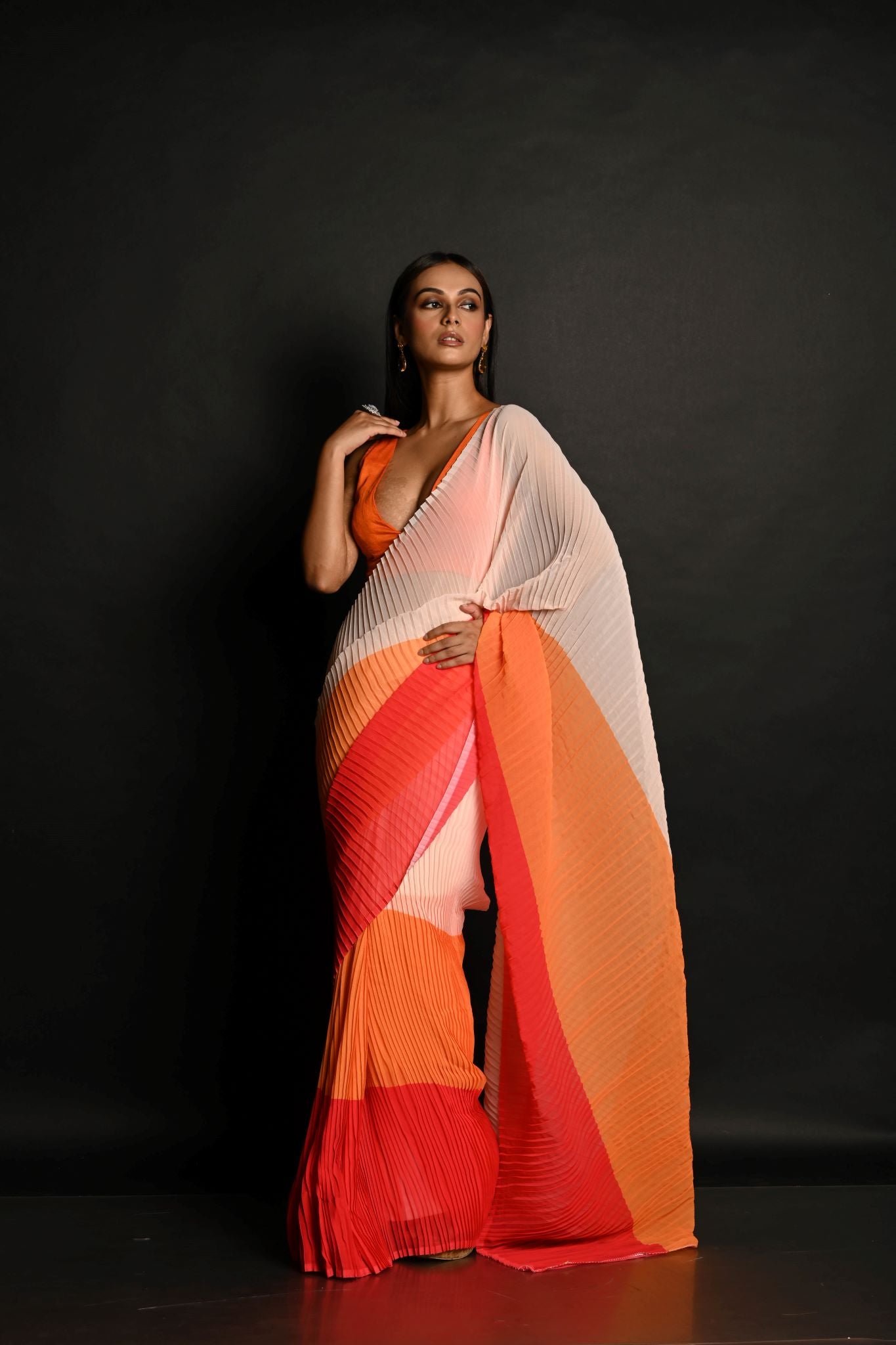 Red, Orange and White Pleated Georgette Sunset Saree - Anvi Couture