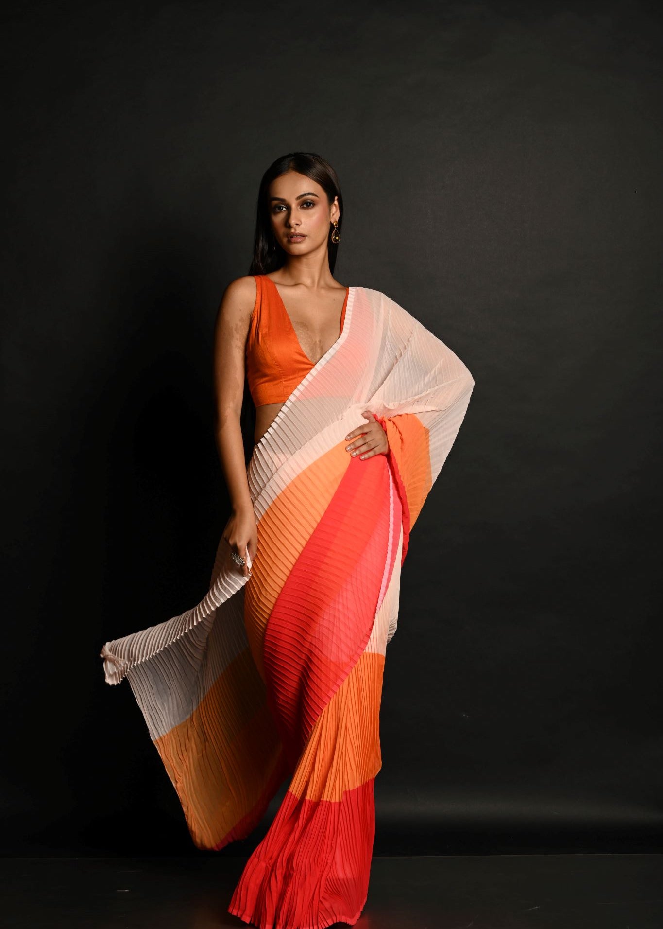 Red, Orange and White Pleated Georgette Sunset Saree - Anvi Couture