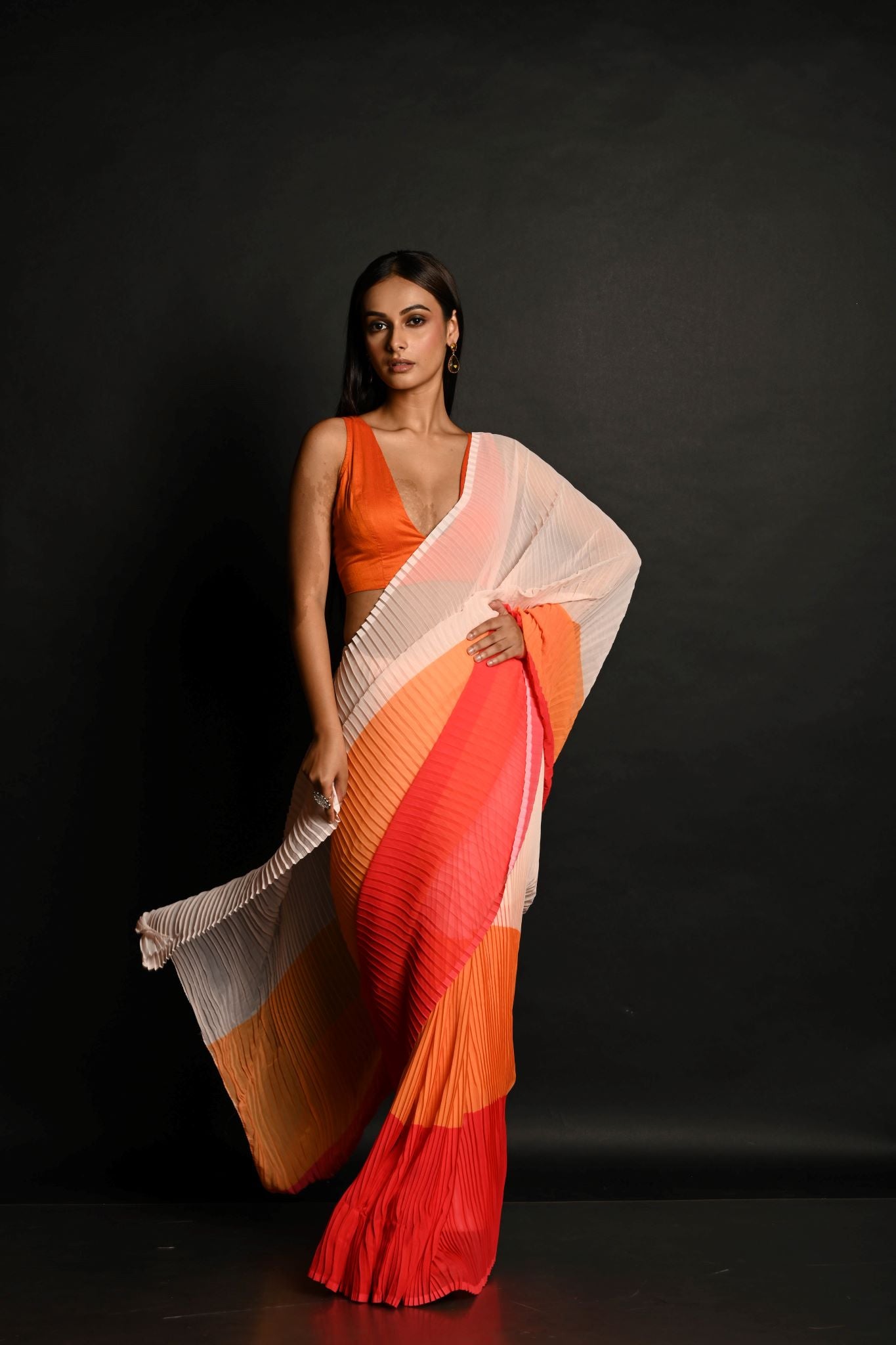 Red, Orange and White Pleated Georgette Sunset Saree - Anvi Couture