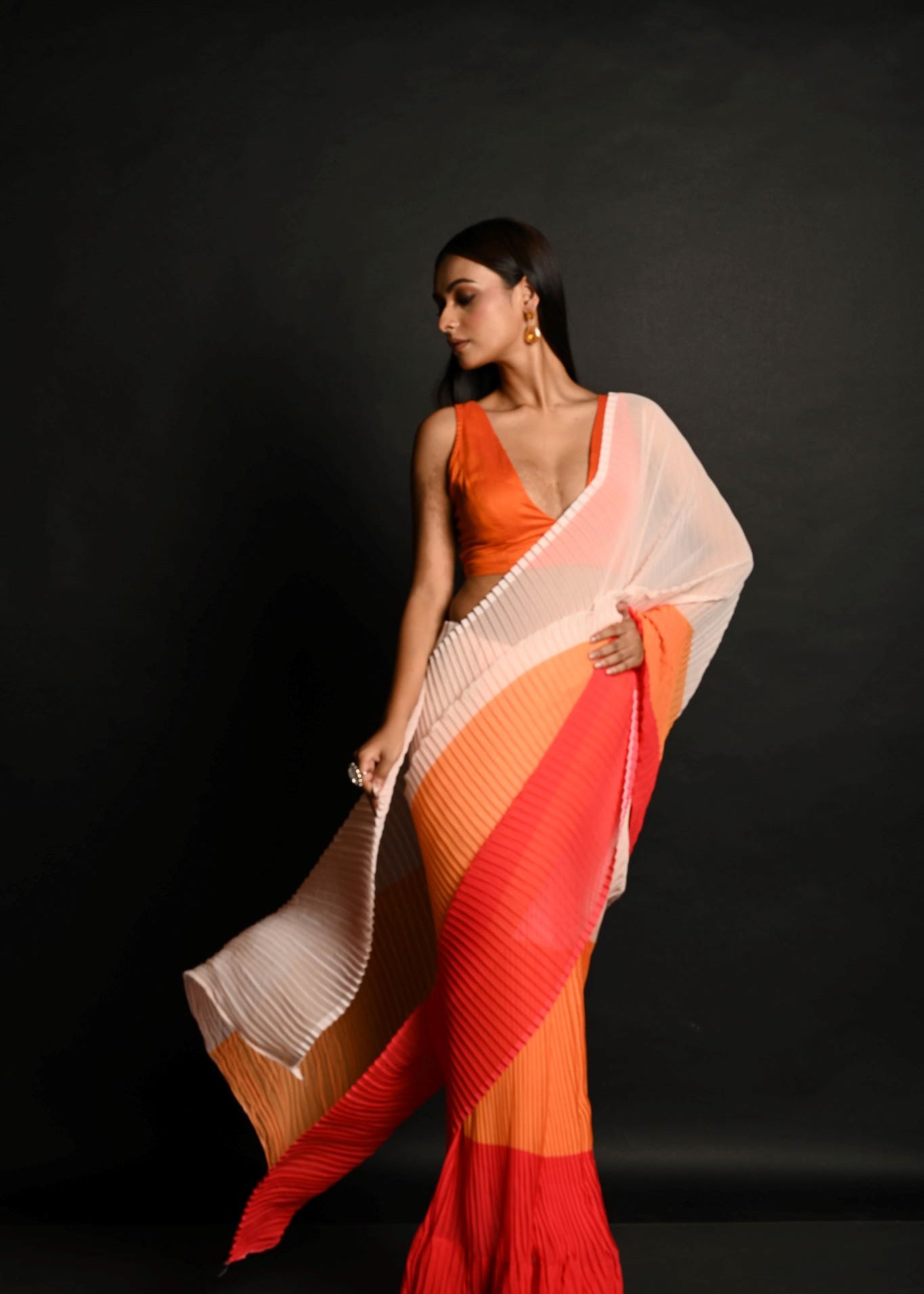 Red, Orange and White Pleated Georgette Sunset Saree - Anvi Couture