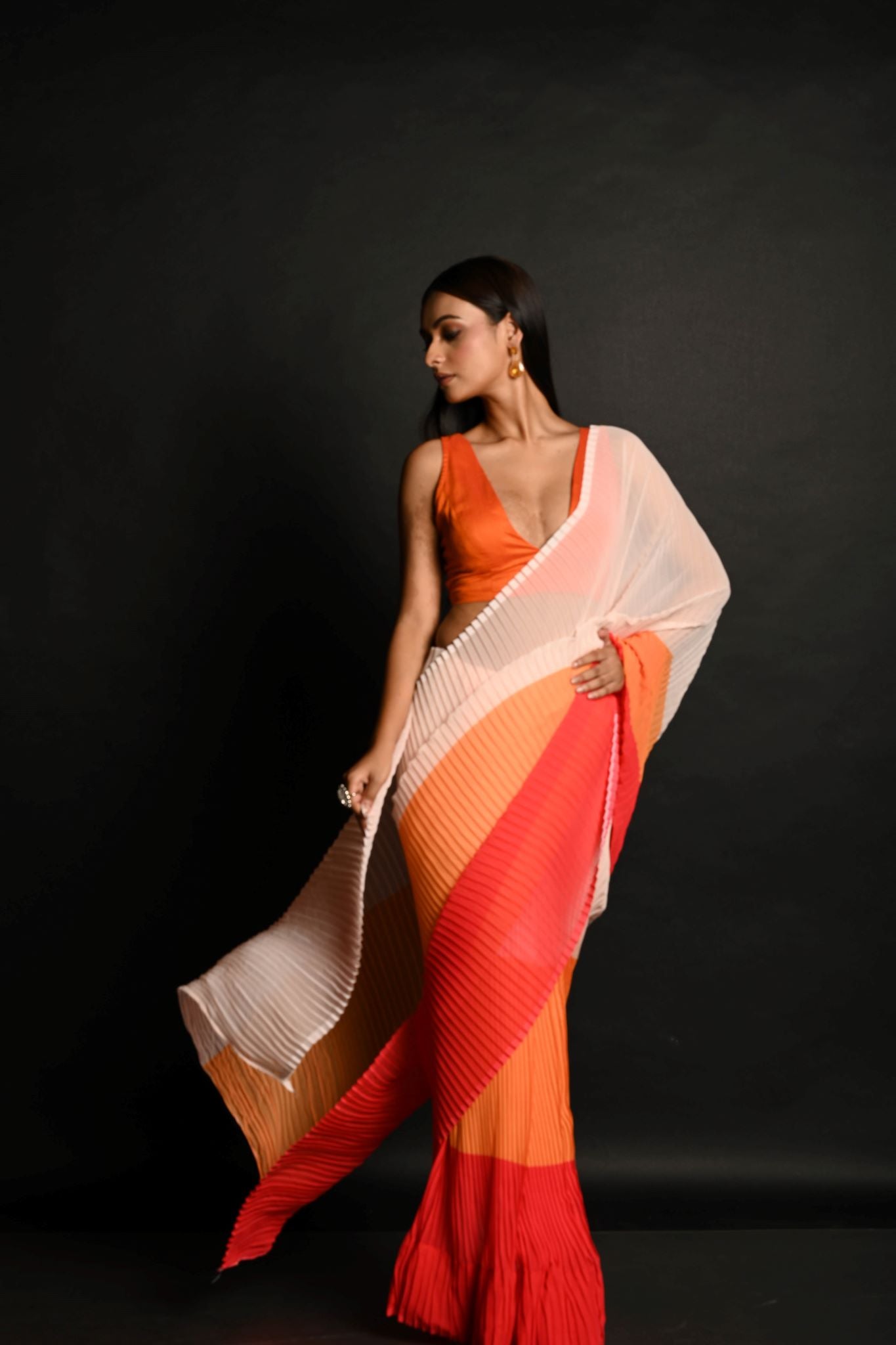 Red, Orange and White Pleated Georgette Sunset Saree - Anvi Couture