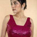 Fushia Pink Sequin Sleeveless Blouse with Scoop Neckline - Anvi Couture