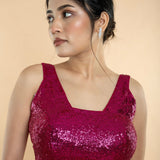 Fushia Pink Sequin Sleeveless Blouse with Scoop Neckline - Anvi Couture