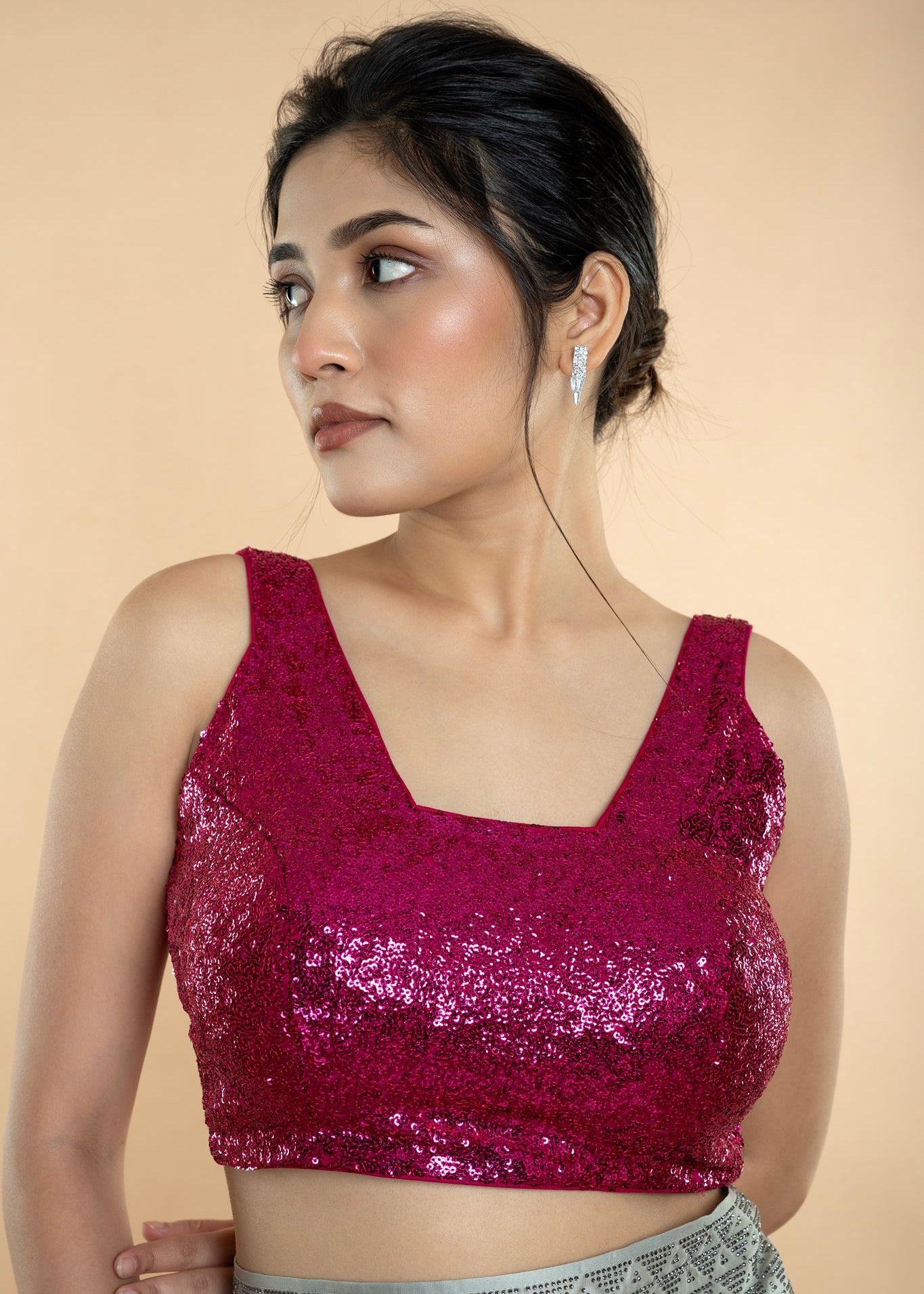 Fushia Pink Sequin Sleeveless Blouse with Scoop Neckline - Anvi Couture