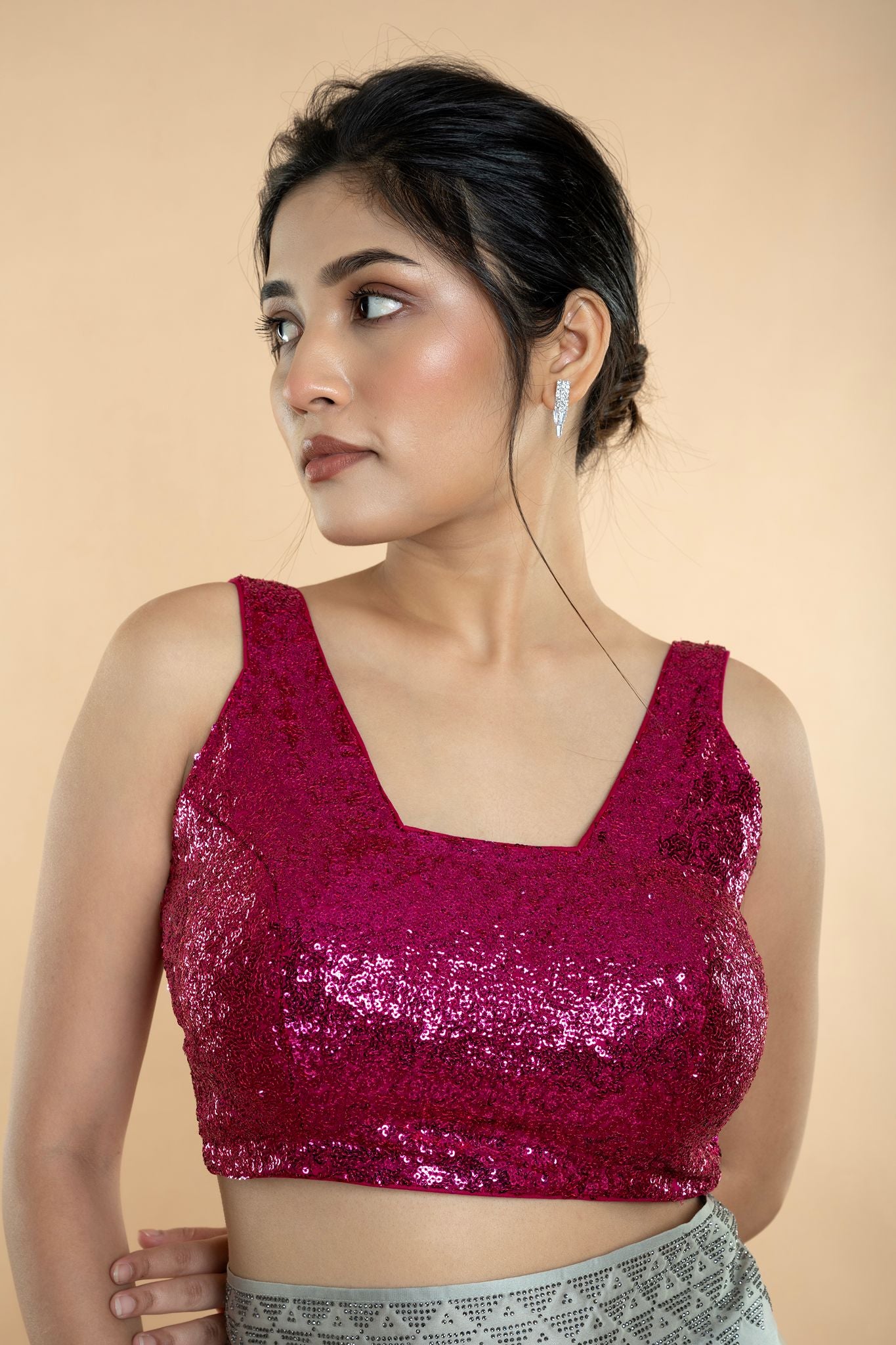 Fushia Pink Sequin Sleeveless Blouse with Scoop Neckline - Anvi Couture