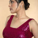 Fushia Pink Sequin Sleeveless Blouse with Scoop Neckline - Anvi Couture