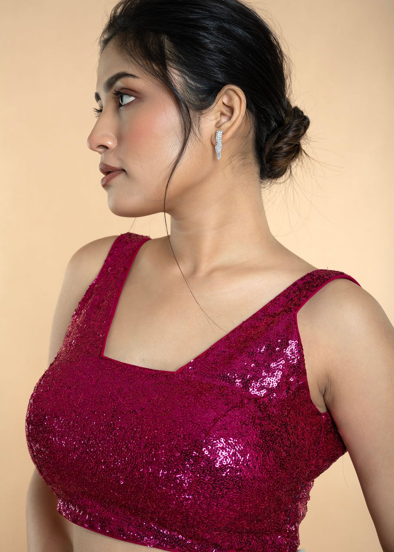 Fushia Pink Sequin Sleeveless Blouse with Scoop Neckline - Anvi Couture