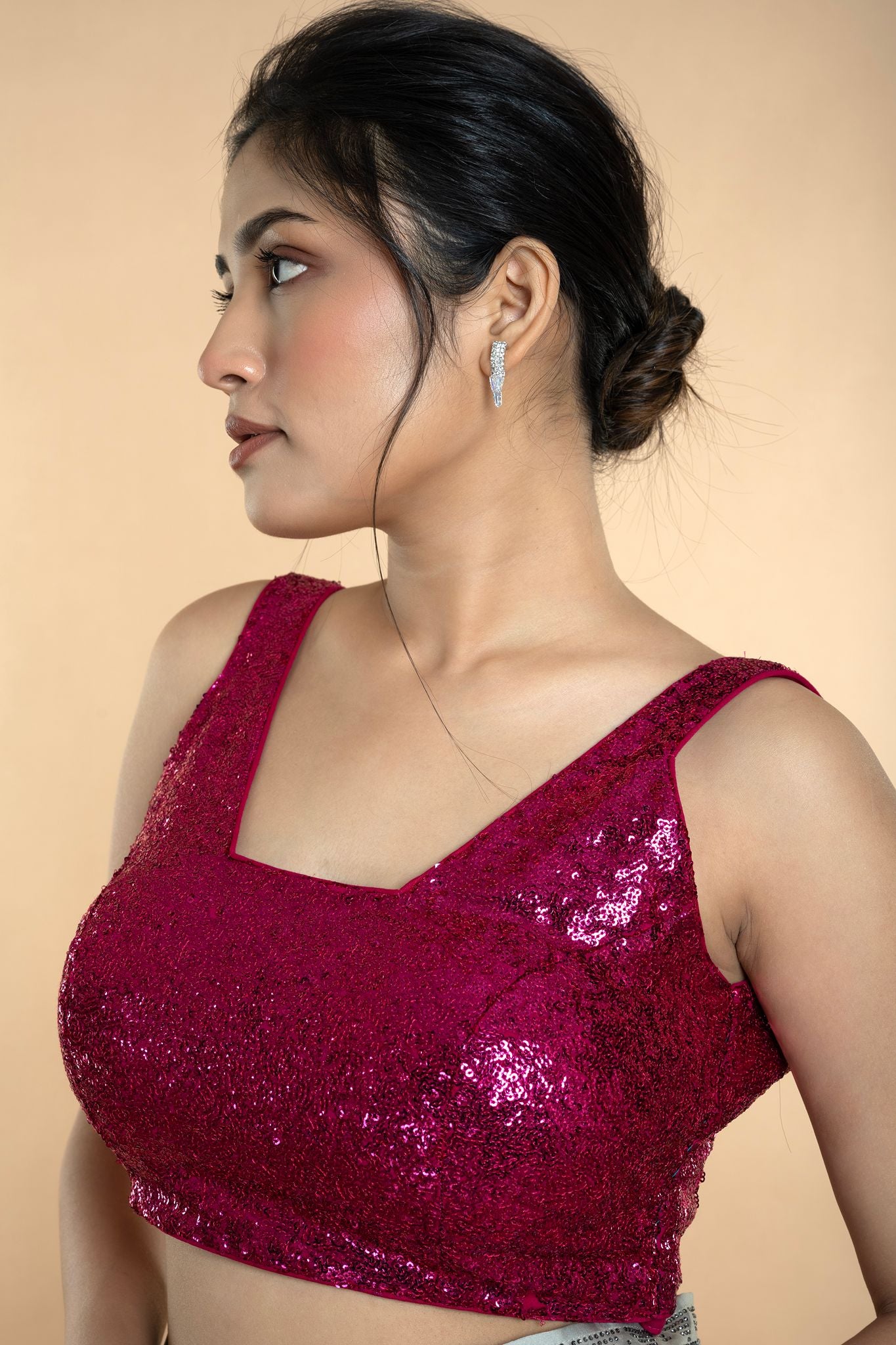 Fushia Pink Sequin Sleeveless Blouse with Scoop Neckline - Anvi Couture