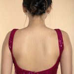 Fushia Pink Sequin Sleeveless Blouse with Scoop Neckline - Anvi Couture