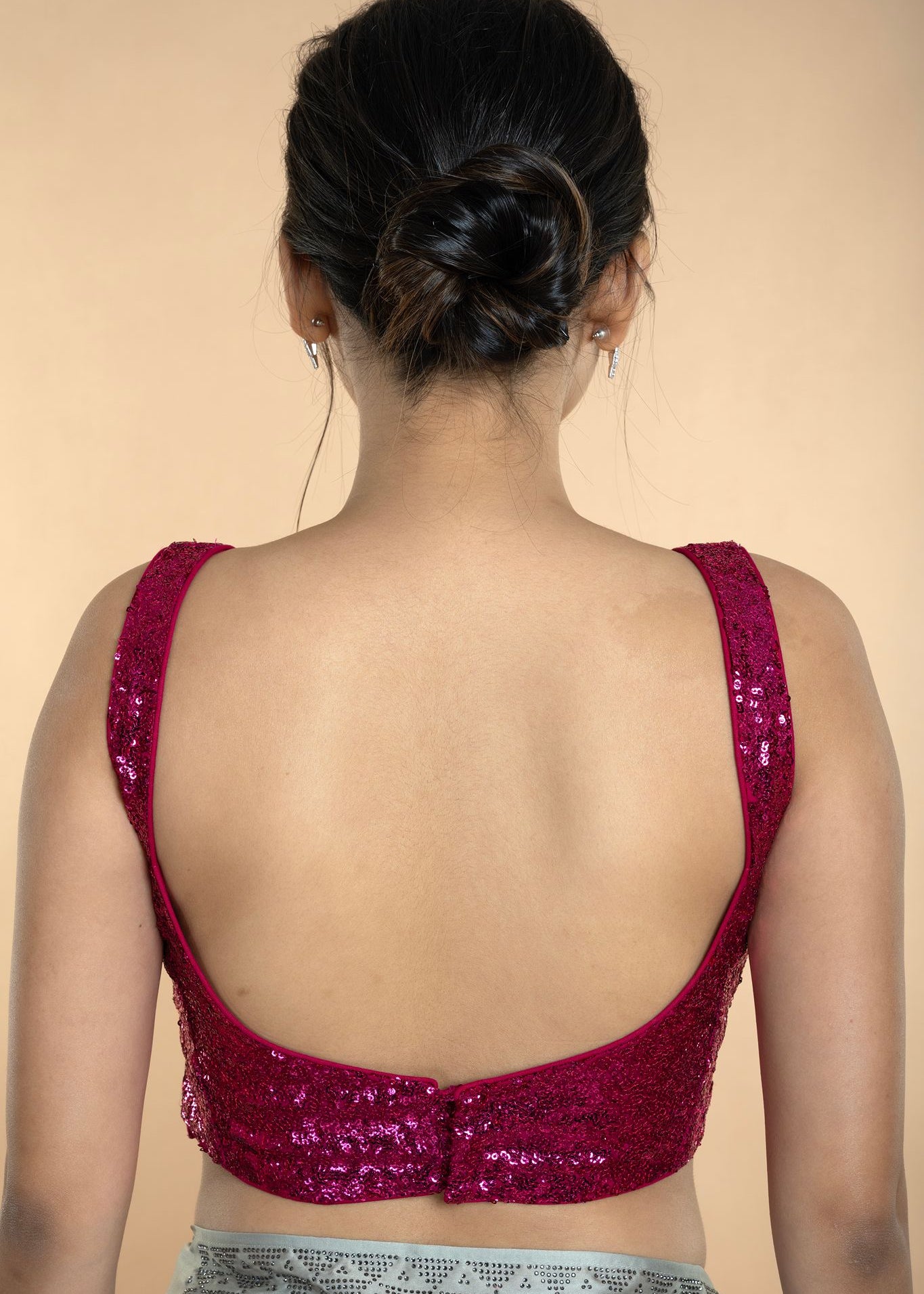 Fushia Pink Sequin Sleeveless Blouse with Scoop Neckline - Anvi Couture