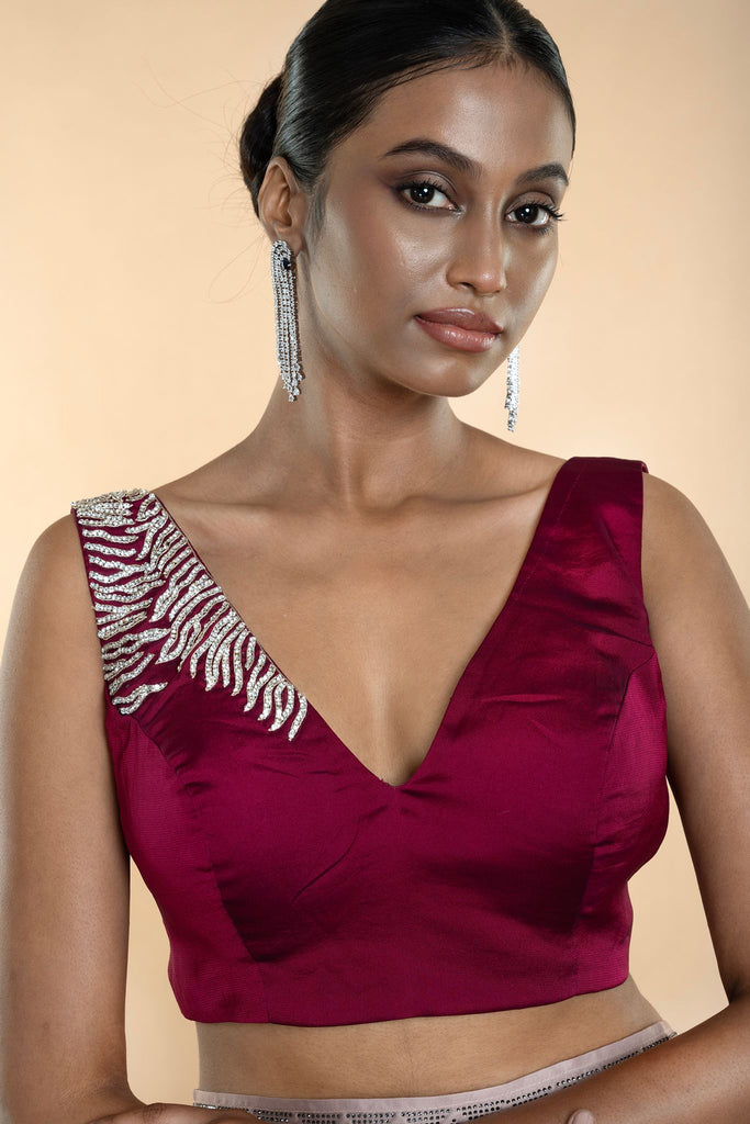 Purple Sleeveless Blouse with Stone Embellishment