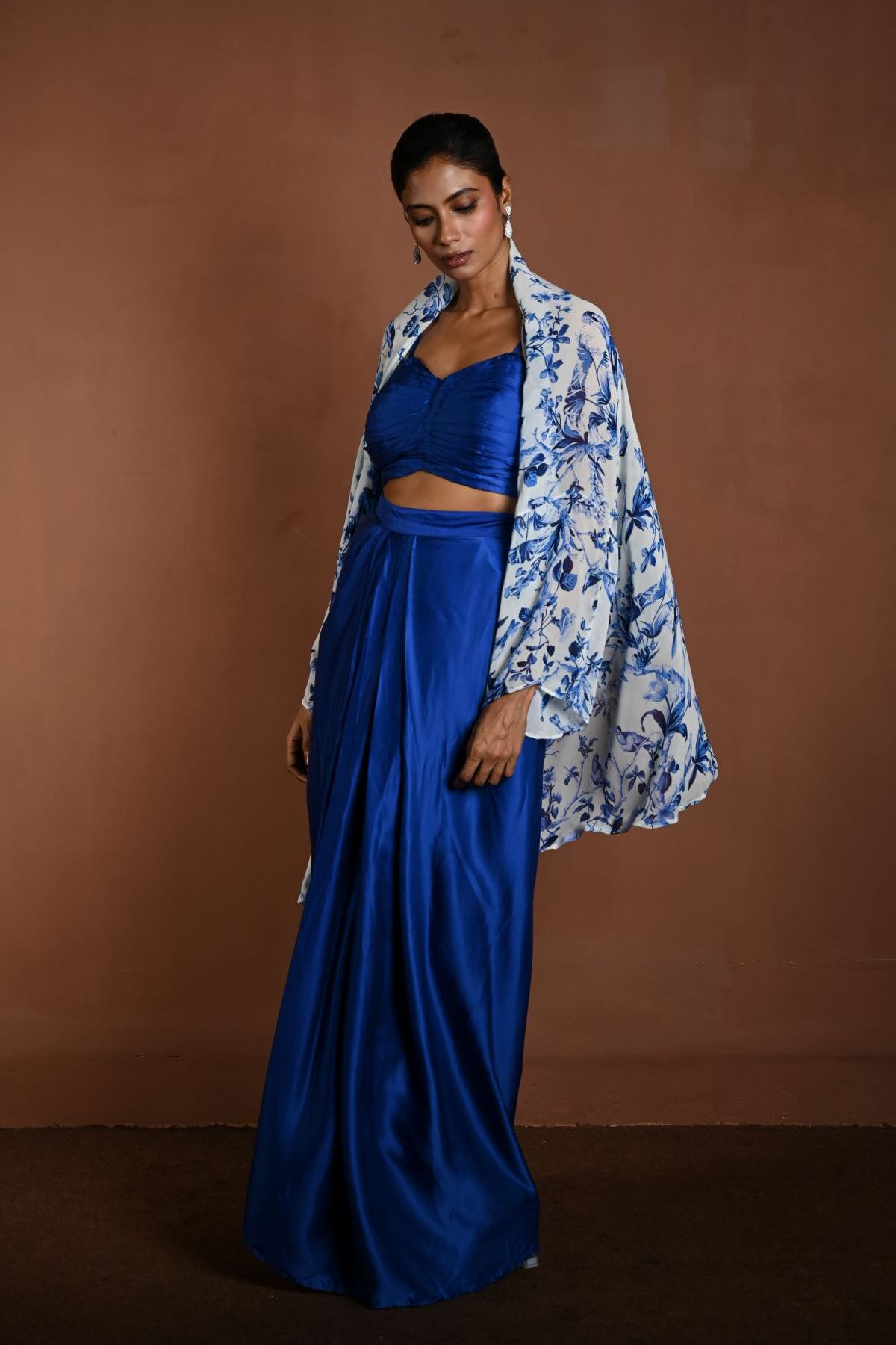 Blue Draped Skirt Set with Matching Blouse and White Cape Jacket - Anvi Couture